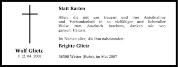 Traueranzeige von Wolf Glietz von Tageszeitung