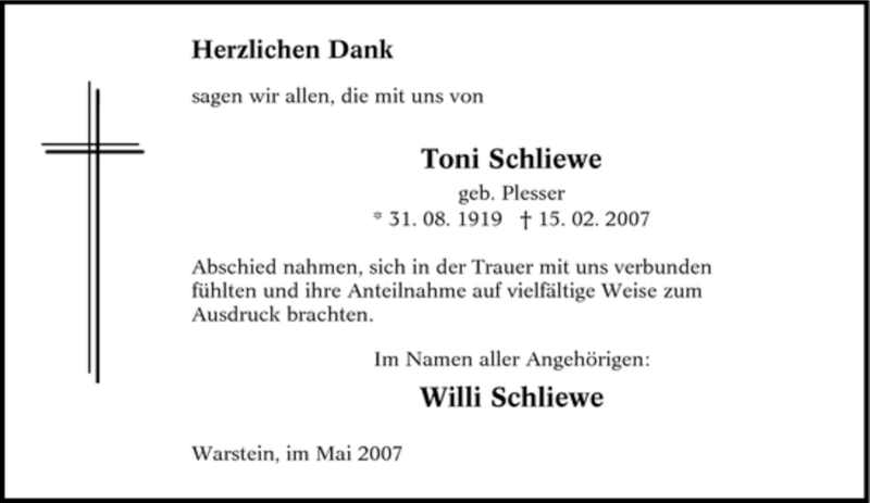  Traueranzeige für Toni Schliewe vom 17.05.2007 aus Tageszeitung