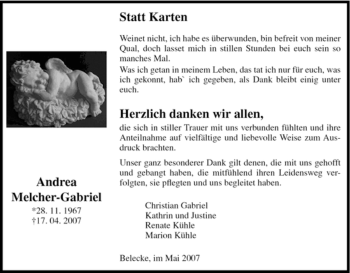 Traueranzeige von Andrea Melcher-Gabriel von Tageszeitung