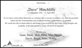 Traueranzeige von Dave Hinchliffe von Tageszeitung