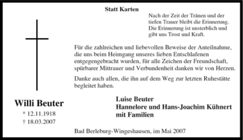 Traueranzeige von Willi Beuter von Tageszeitung