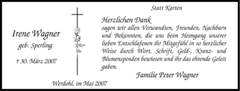Traueranzeige von Irene Wagner von Tageszeitung