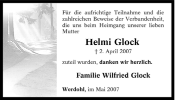 Traueranzeige von Helmi Glock von Tageszeitung