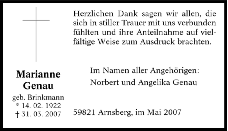  Traueranzeige für Marianne Genau vom 19.05.2007 aus Tageszeitung