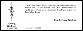 Traueranzeige von Hedwig Gilsbach von Tageszeitung