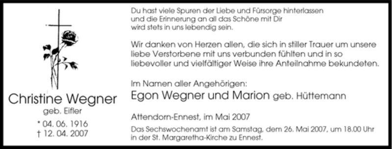  Traueranzeige für Christine Wegner vom 19.05.2007 aus Tageszeitung