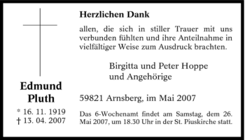 Traueranzeige von Edmund Pluth von Tageszeitung