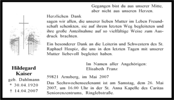 Traueranzeige von Hildegard Kaiser von Tageszeitung
