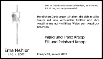 Traueranzeige von Erna Nehler von Tageszeitung