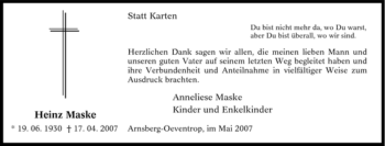 Traueranzeige von Heinz Maske von Tageszeitung