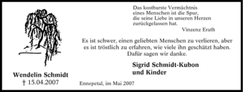 Traueranzeige von Wendelin Schmidt von Tageszeitung