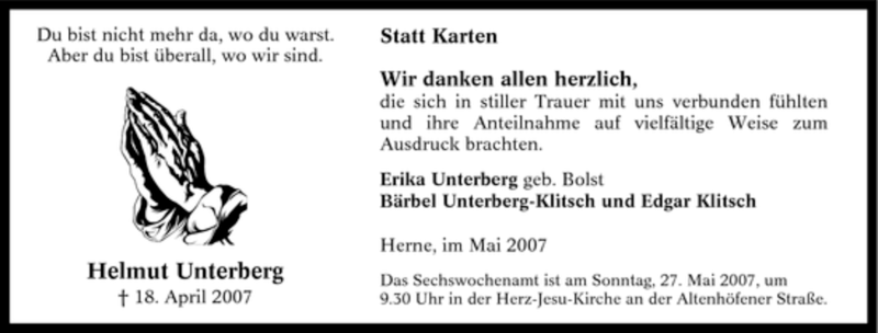  Traueranzeige für Helmut Unterberg vom 19.05.2007 aus Tageszeitung
