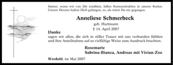 Traueranzeige von Anneliese Schmerbeck von Tageszeitung