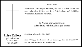 Traueranzeige von Luise Kollorz von Tageszeitung