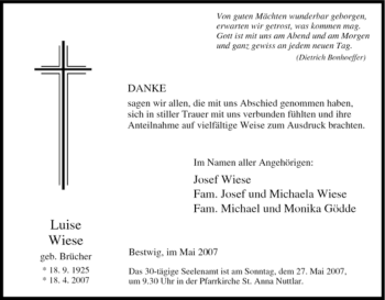 Traueranzeige von Luise Wiese von Tageszeitung