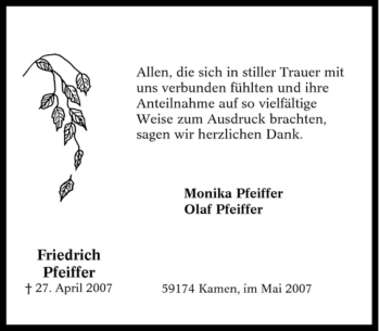 Traueranzeige von Friedrich Pfeiffer von Tageszeitung