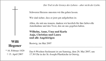 Traueranzeige von Willi Hegener von Tageszeitung