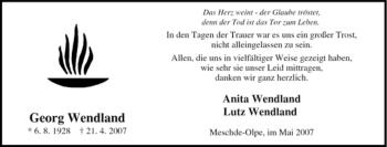 Traueranzeige von Georg Wendland von Tageszeitung