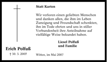 Traueranzeige von Erich Polfuß von Tageszeitung