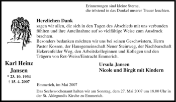 Traueranzeige von Karl Heinz Jansen von Tageszeitung