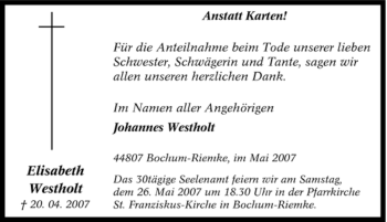 Traueranzeige von Elisabeth Westholt von Tageszeitung