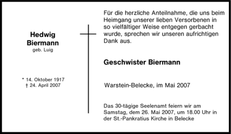  Traueranzeige für Hedwig Biermann vom 19.05.2007 aus Tageszeitung