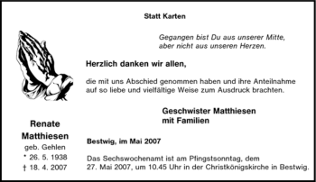 Traueranzeige von Renate Matthiesen von Tageszeitung