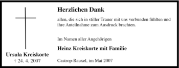 Traueranzeige von Ursula Kreiskorte von Tageszeitung