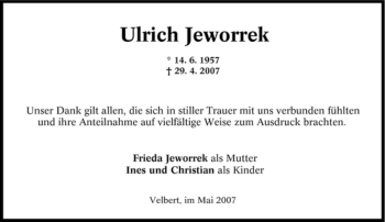 Traueranzeige von Ulrich Jeworrek von Tageszeitung