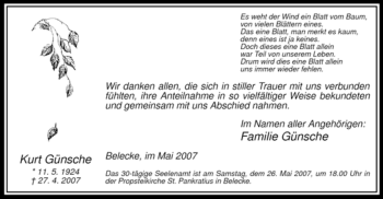 Traueranzeige von Kurt Günsche von Tageszeitung