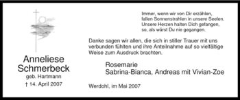 Traueranzeige von Anneliese Schmerbeck von Tageszeitung