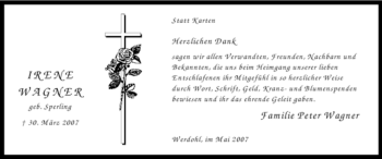 Traueranzeige von Irene Wagner von Tageszeitung