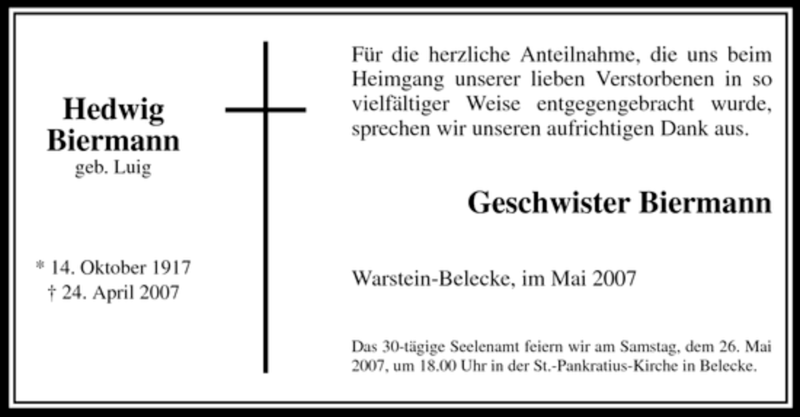  Traueranzeige für Hedwig Biermann vom 19.05.2007 aus Tageszeitung