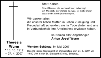 Traueranzeige von Theresia Wurm von Tageszeitung