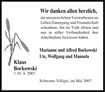 Traueranzeige von Klaus Borkowski von Tageszeitung