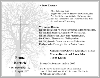 Traueranzeige von Franz Bortsch von Tageszeitung