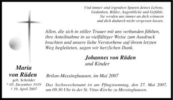 Traueranzeige von Maria von Rüden von Tageszeitung