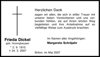 Traueranzeige von Frieda Dickel von Tageszeitung