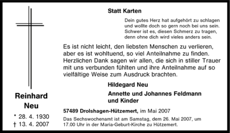  Traueranzeige für Reinhard Neu vom 22.05.2007 aus Tageszeitung