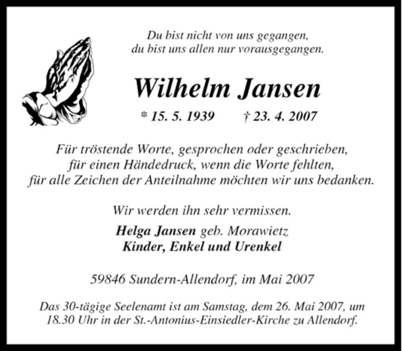  Traueranzeige für Wilhelm Jansen vom 22.05.2007 aus Tageszeitung