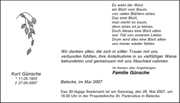 Traueranzeige von Kurt Günsche von Tageszeitung