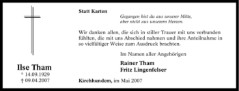 Traueranzeige von Ilse Tham von Tageszeitung