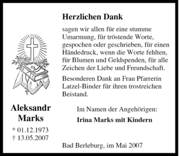 Traueranzeige von Aleksandr Marks von Tageszeitung