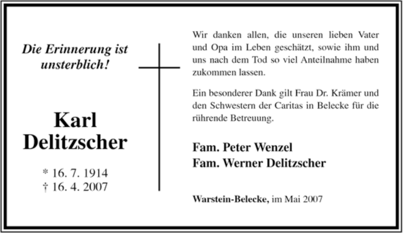  Traueranzeige für Karl Delitzscher vom 22.05.2007 aus Tageszeitung