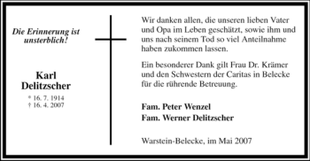 Traueranzeige von Karl Delitzscher von Tageszeitung