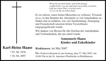 Traueranzeige von Karl-Heinz Haase von Tageszeitung