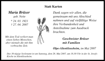 Traueranzeige von Maria Brüser von Tageszeitung