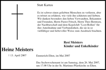 Traueranzeige von Heinz Meisters von Tageszeitung