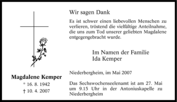 Traueranzeige von Magdalene Kemper von Tageszeitung