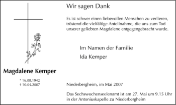 Traueranzeige von Magdalene Kemper von Tageszeitung